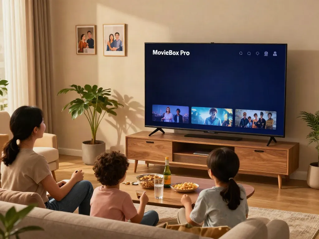 Enjoying the MovieBox Pro App together in a cozy living room setting