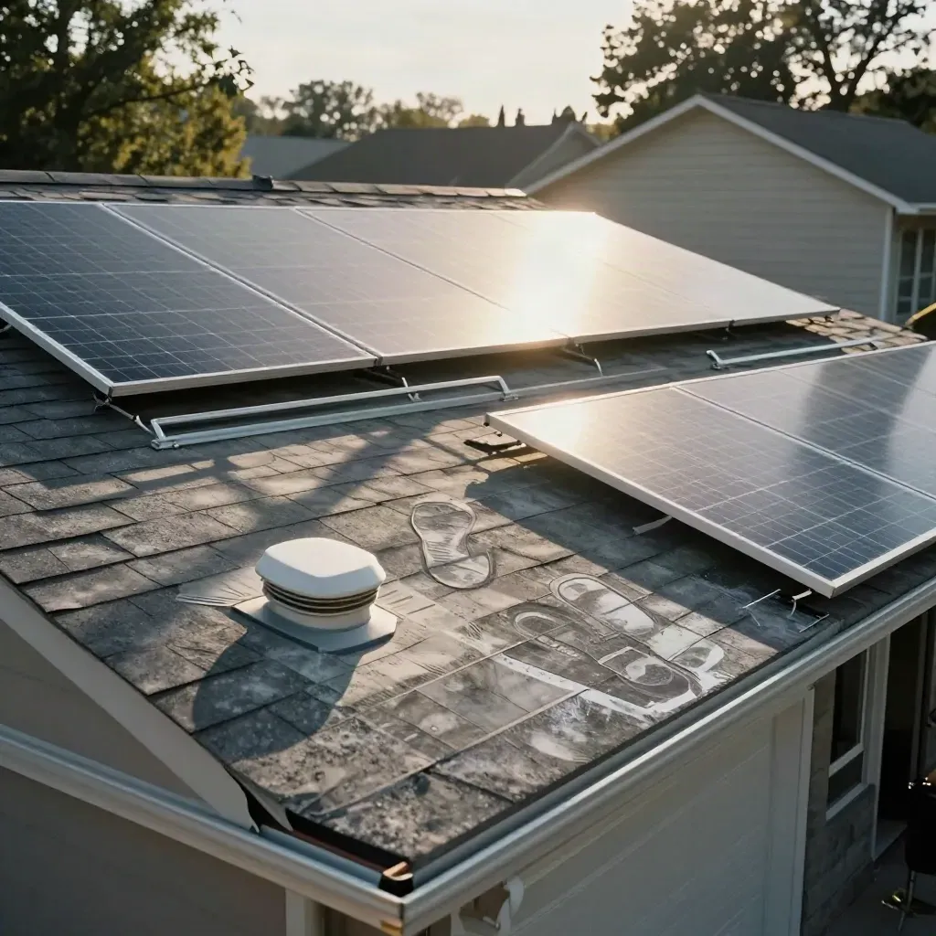 Sunlit suburban roof with taped solar panel layout, rails, vent, and drifting tree shade.