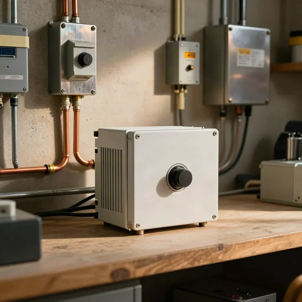 New solar inverter and service disconnect in a shop back room, dust lit by daylight.