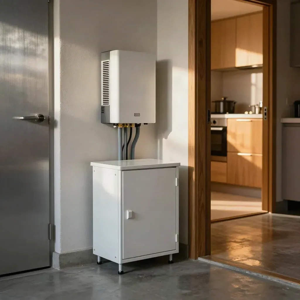 Basement battery backup cabinet and inverter, with a warm kitchen doorway glowing beyond.