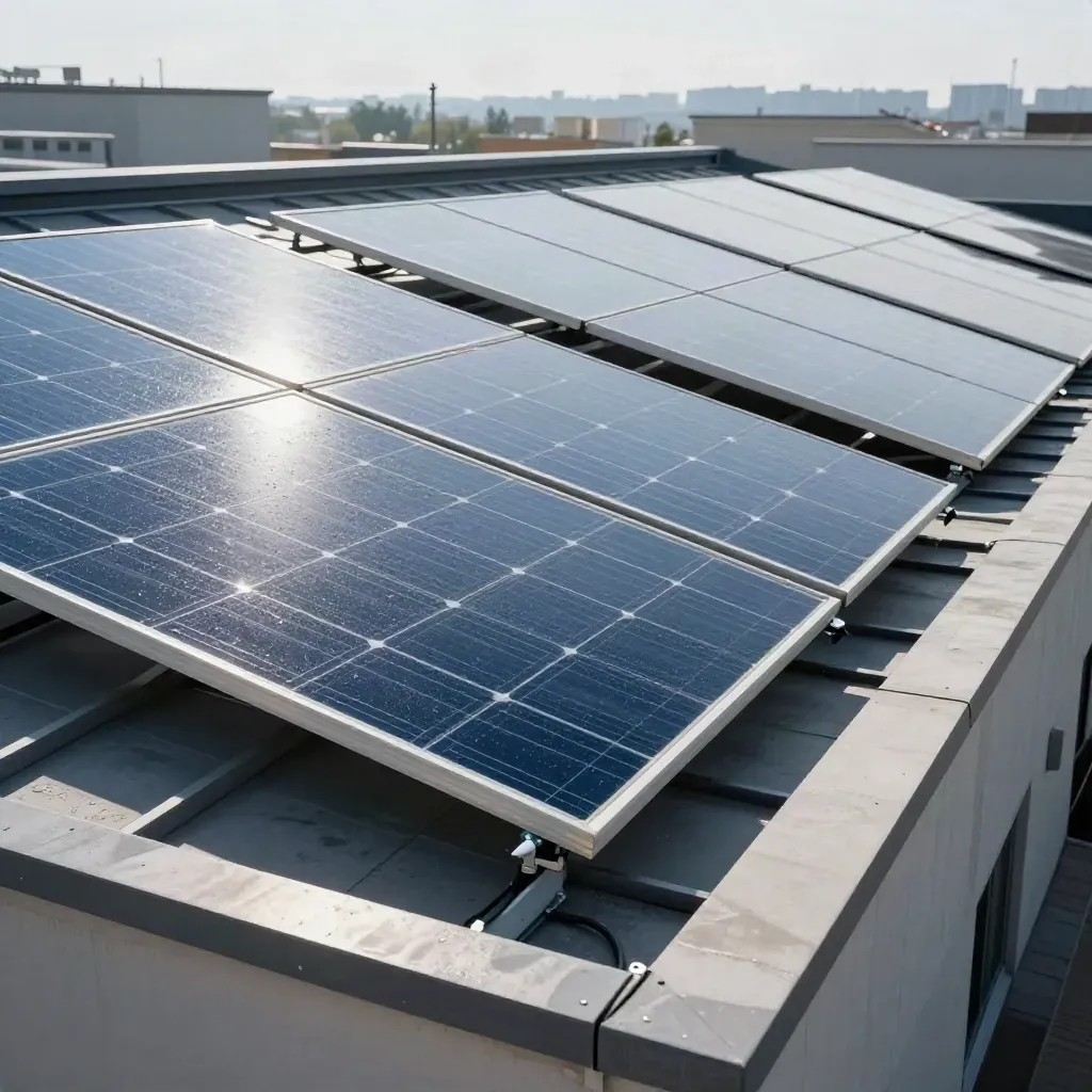 Daycare rooftop solar panels rinsed clean with bird guards and tidy service edges