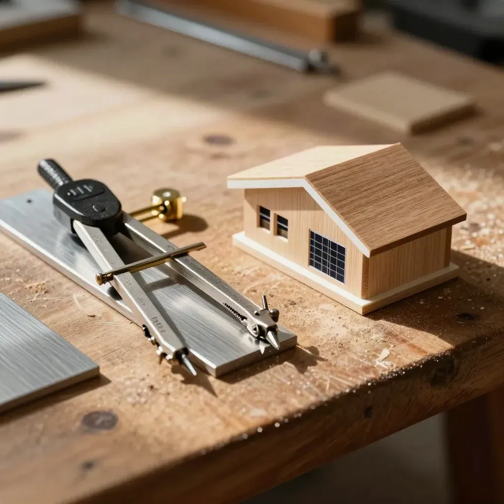 Macro solar design tools on a cedar workbench with a miniature roof mockup and dust in hard light.