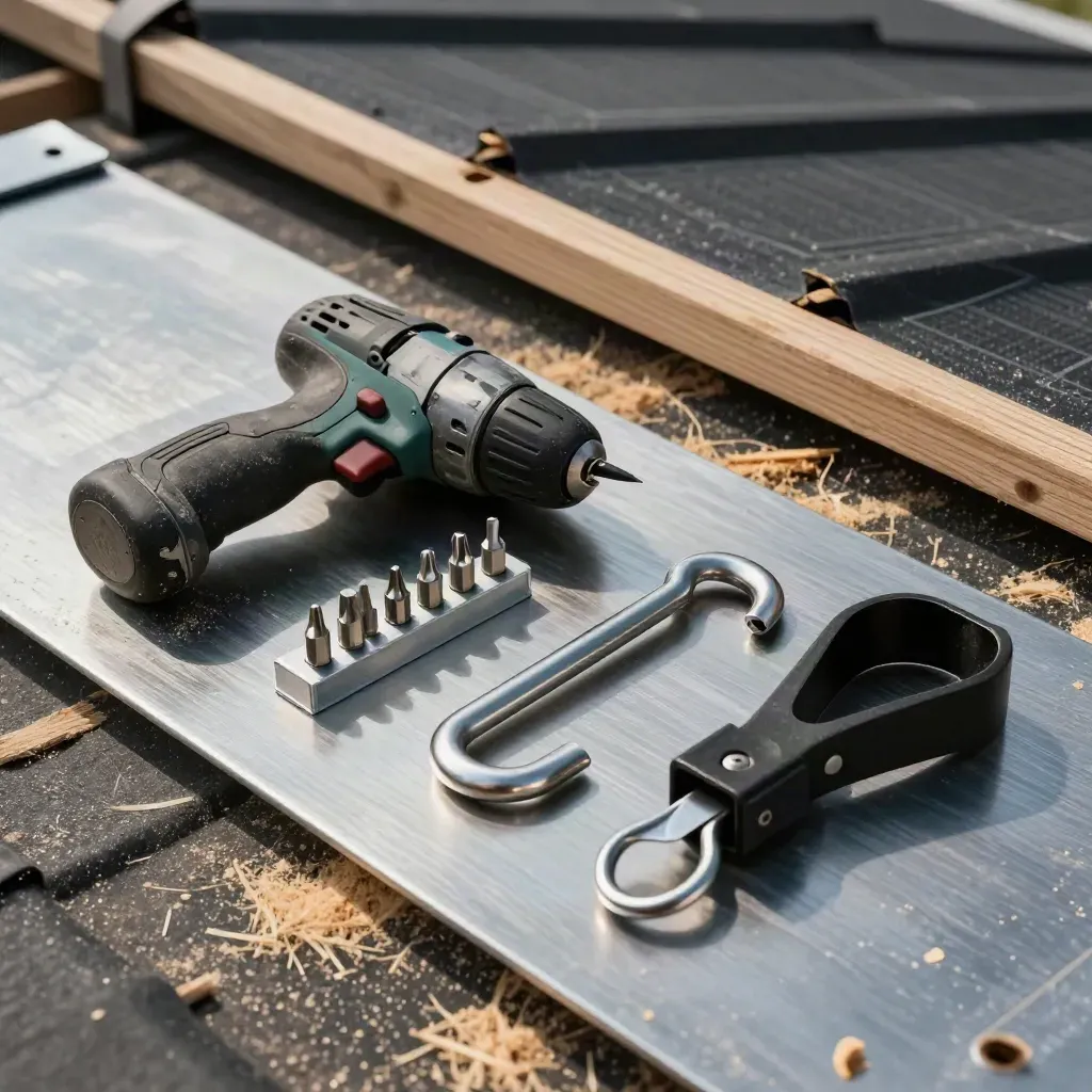 Solar installer kit on brushed steel: impact driver, torque bits, stainless lags, roof hook in hard light.