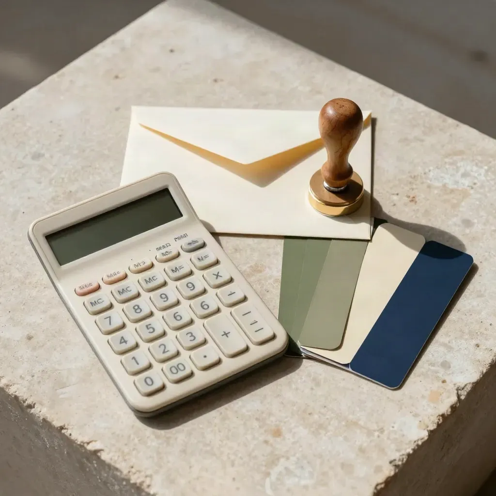Calculator, sealed envelope, stamp and color tabs on pale stone with crisp daylight