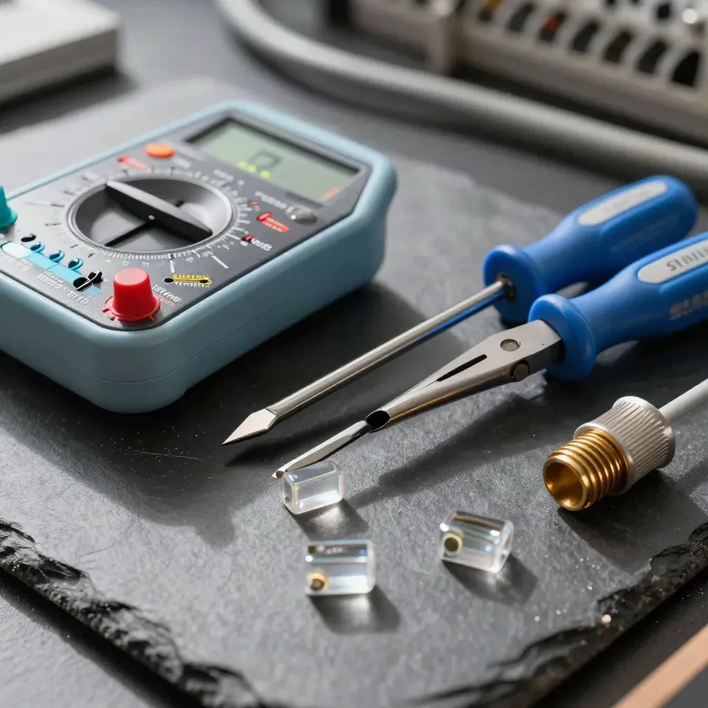 Multimeter, insulated screwdriver, fuse cartridges and cable glands on dark slate in cool workshop light.