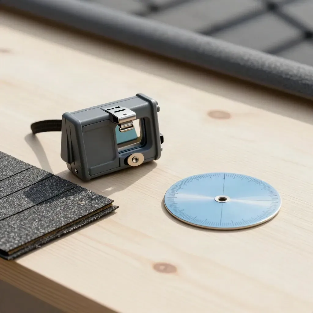 Roof pitch gauge, shingle offcut, and blue sun-angle disc on pale wood