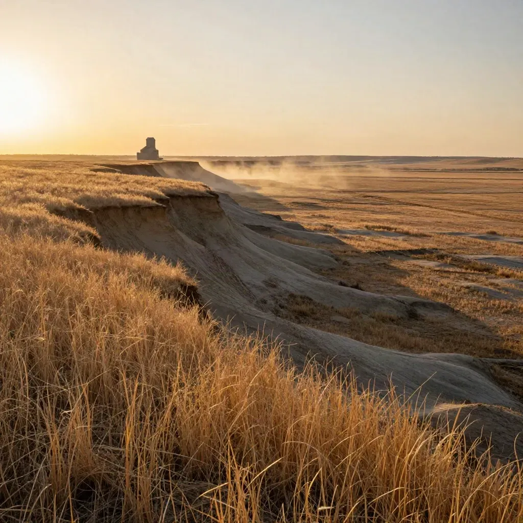 Golden Southern Alberta prairie with coulee, dust haze, and a distant grain elevator at sunset.