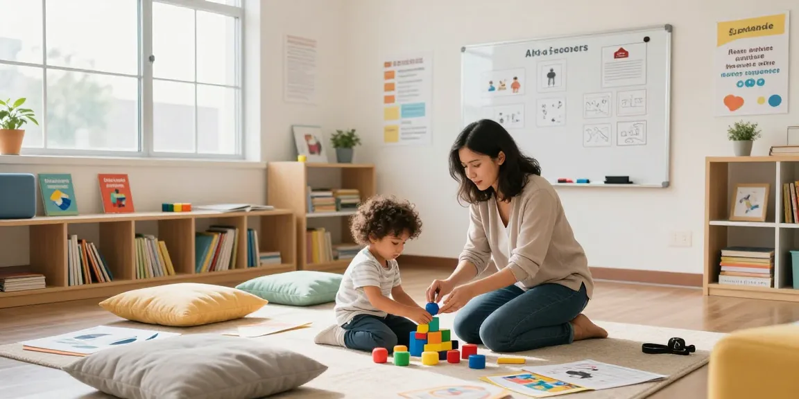 Therapist and child engaged in ABA programming activities in a warm, inviting therapy room.